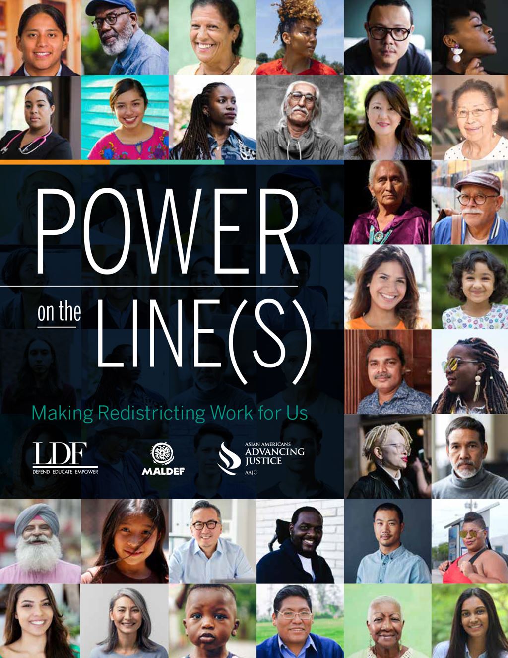 Cover of "Power on the Line(s)" brochure with diverse grid of portraits
