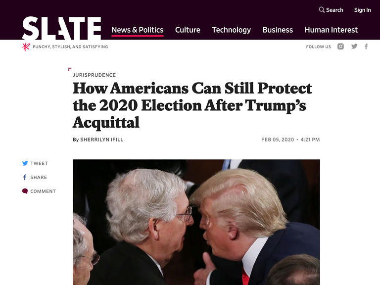 Screenshot of Slate article, "How Americans Can Still Protect the 2020 Election After Trump’s Acquittal"