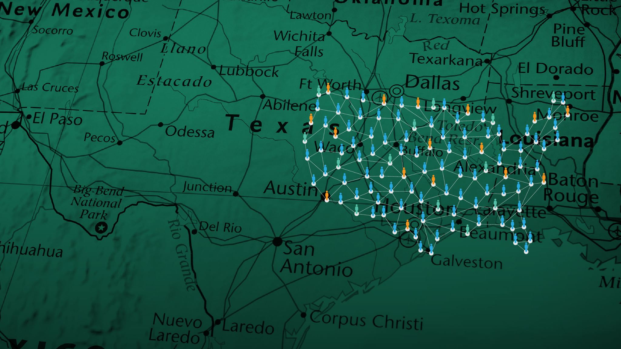 Road map of Texas, with a graphic overlay of networked people