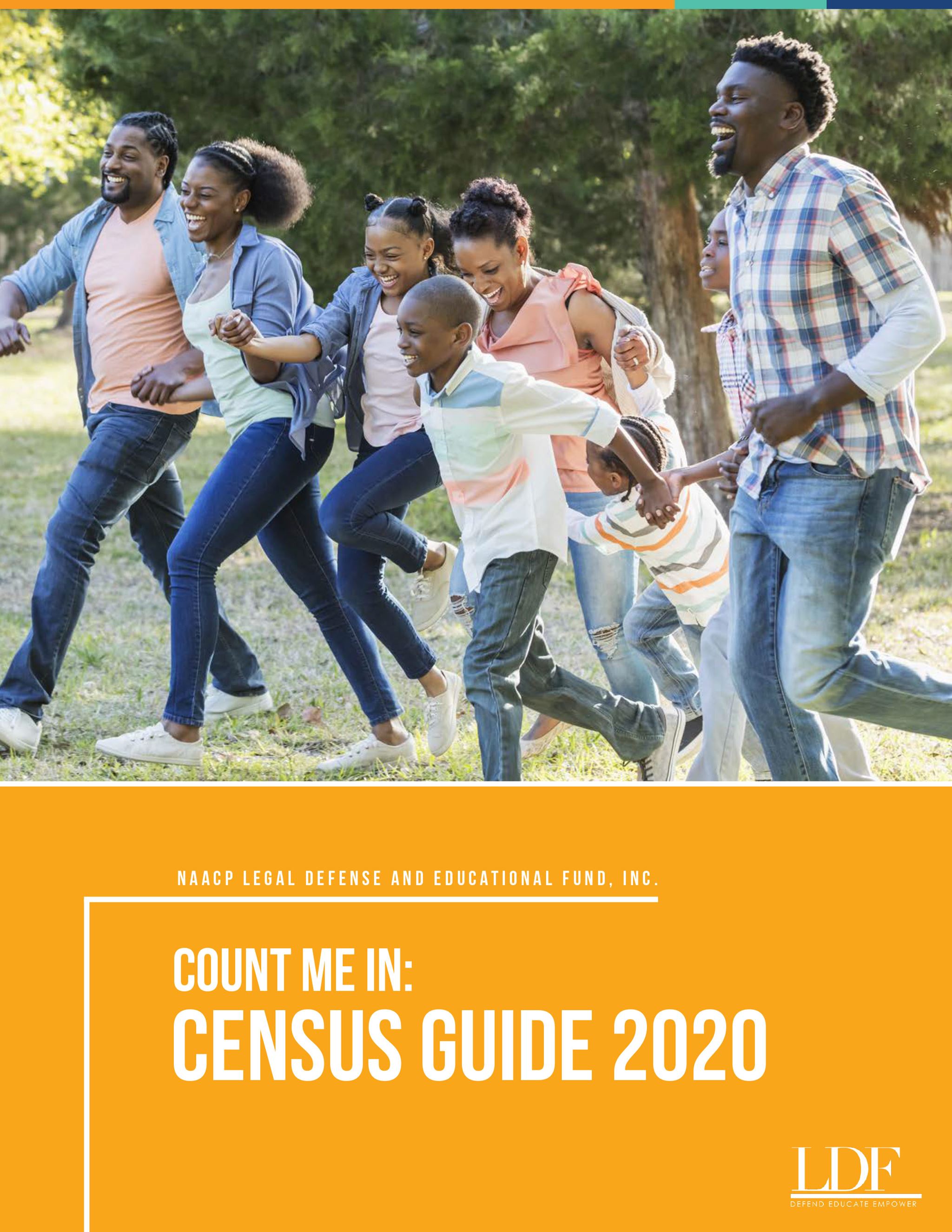 Cover of "Count Me In: Census Guide 2020" brochure depicting a family with kids playing in a park