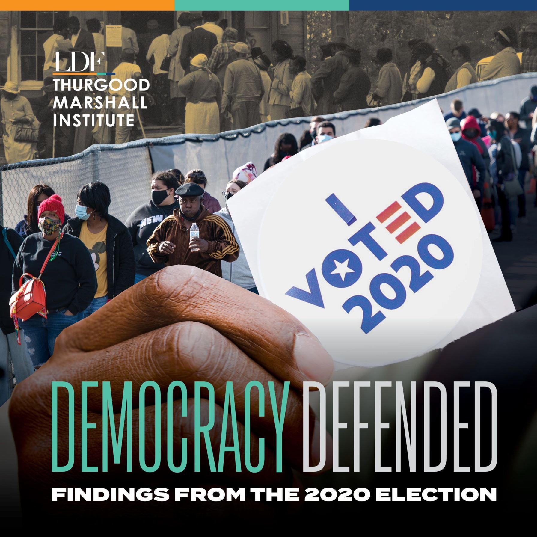 Democracy Defended report cover, with a hand holding an "I voted 2020" sticker