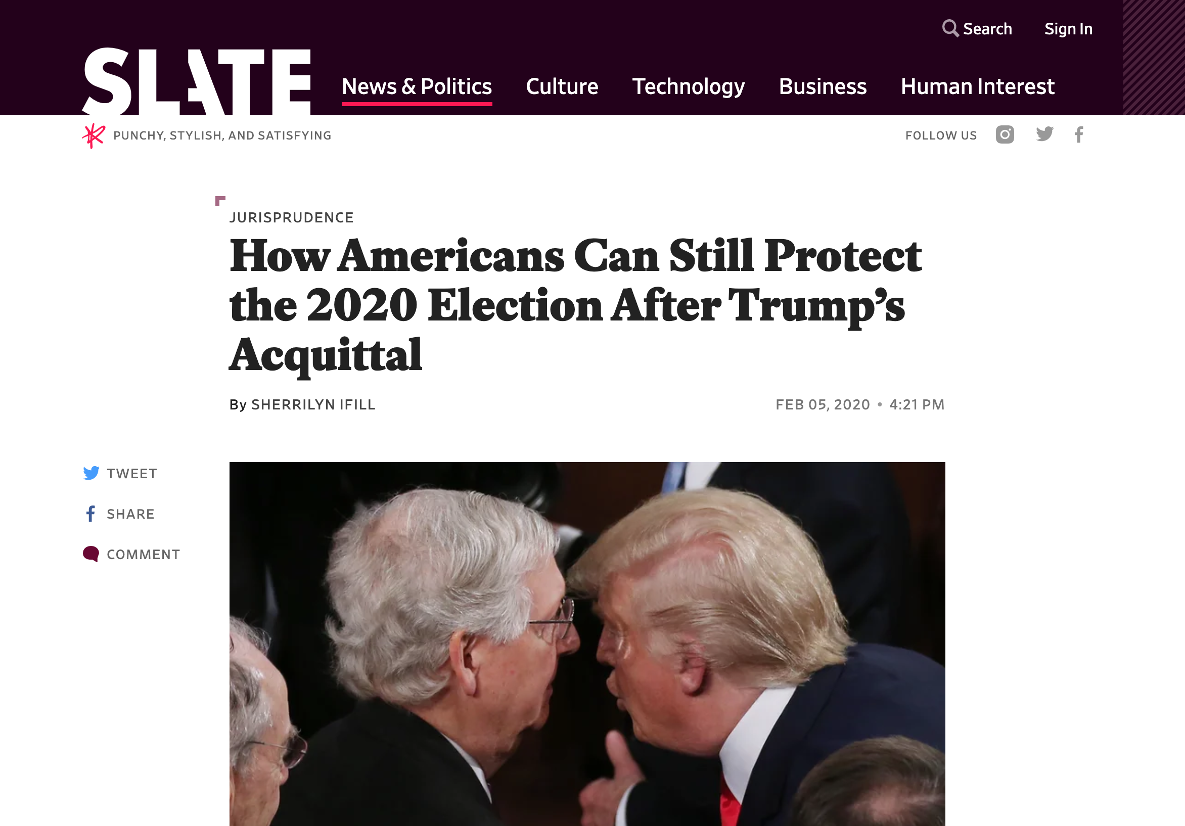 Screenshot of Slate article, "How Americans Can Still Protect the 2020 Election After Trump’s Acquittal"