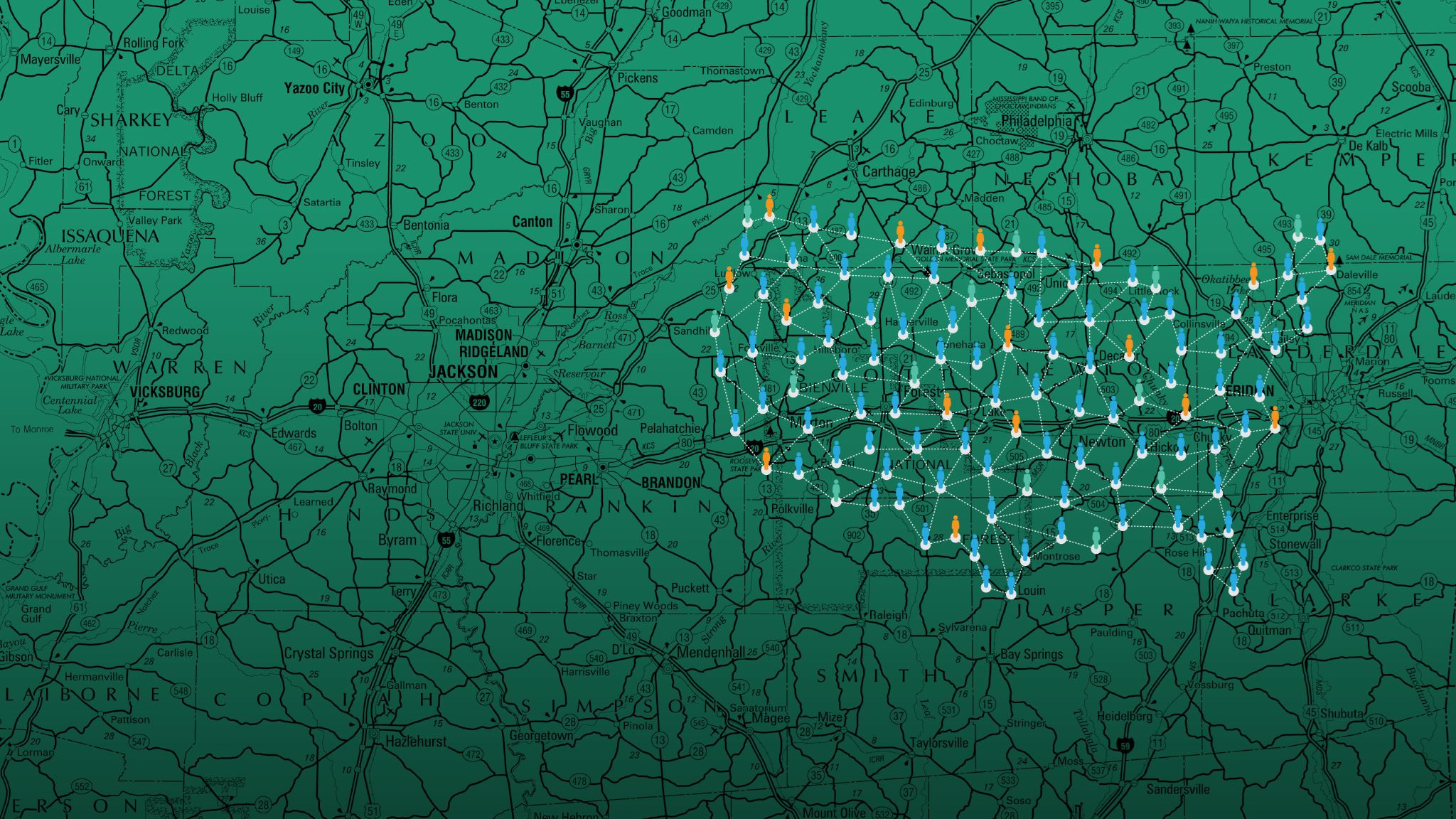 Road map of Mississippi, with a graphic overlay of networked people