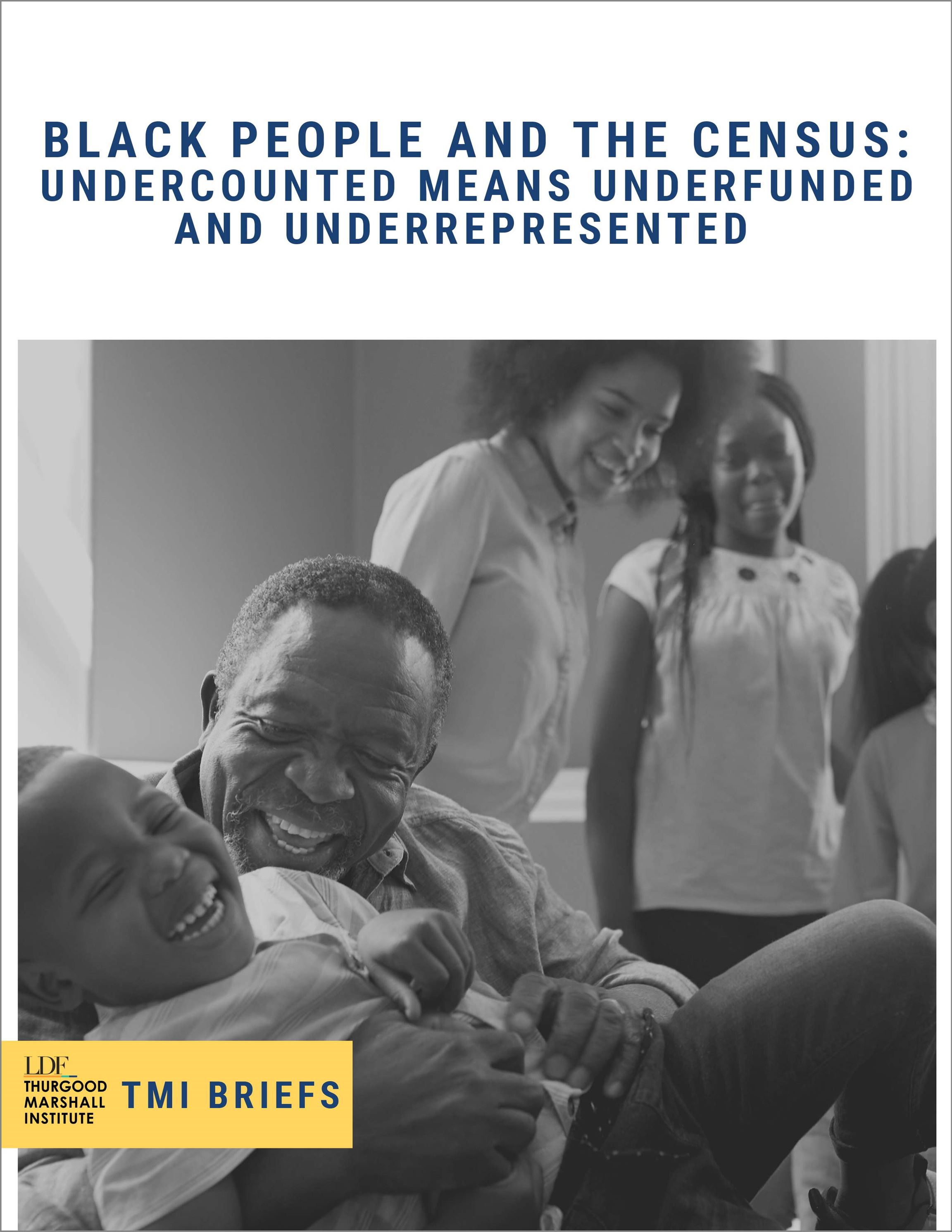 Brochure cover for "Black People and the Census" featuring an image of a man and his young granddaughter laughing while other family members look on