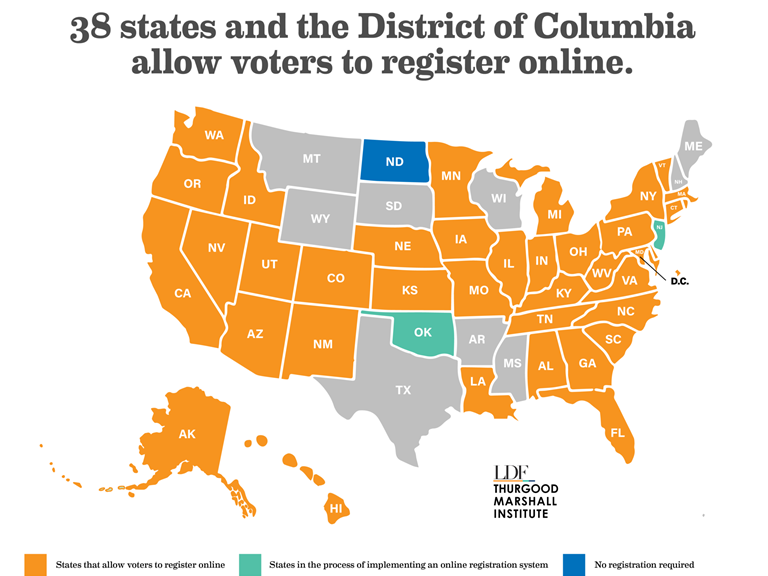 Map showing states which allow online voter registration