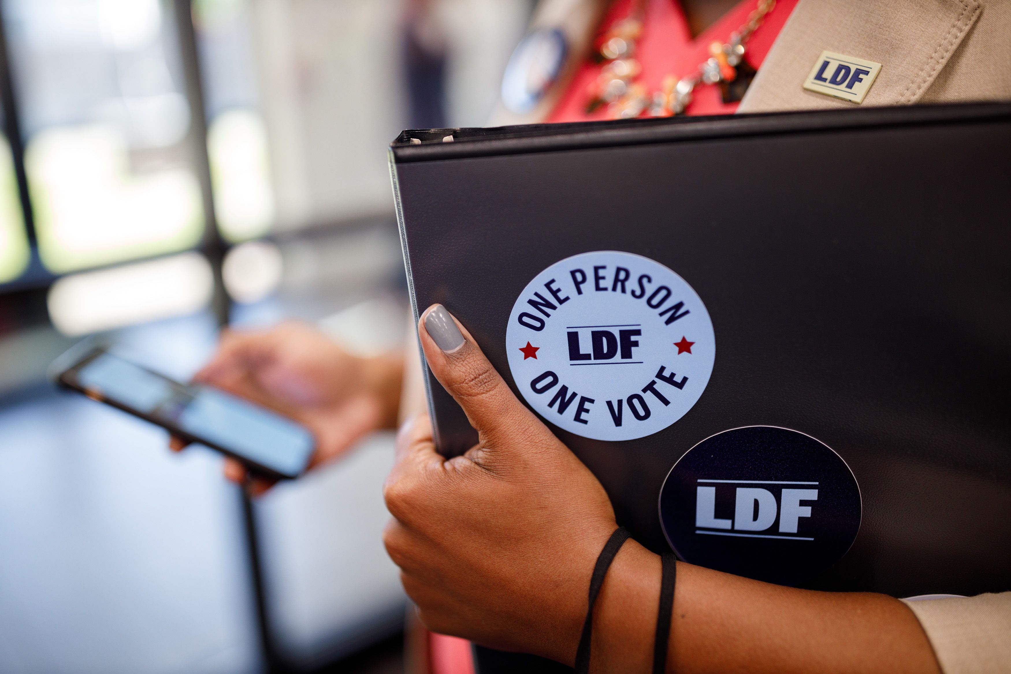 Woman holding a binder with stickers on it that read, "One person, one vote" and "LDF"