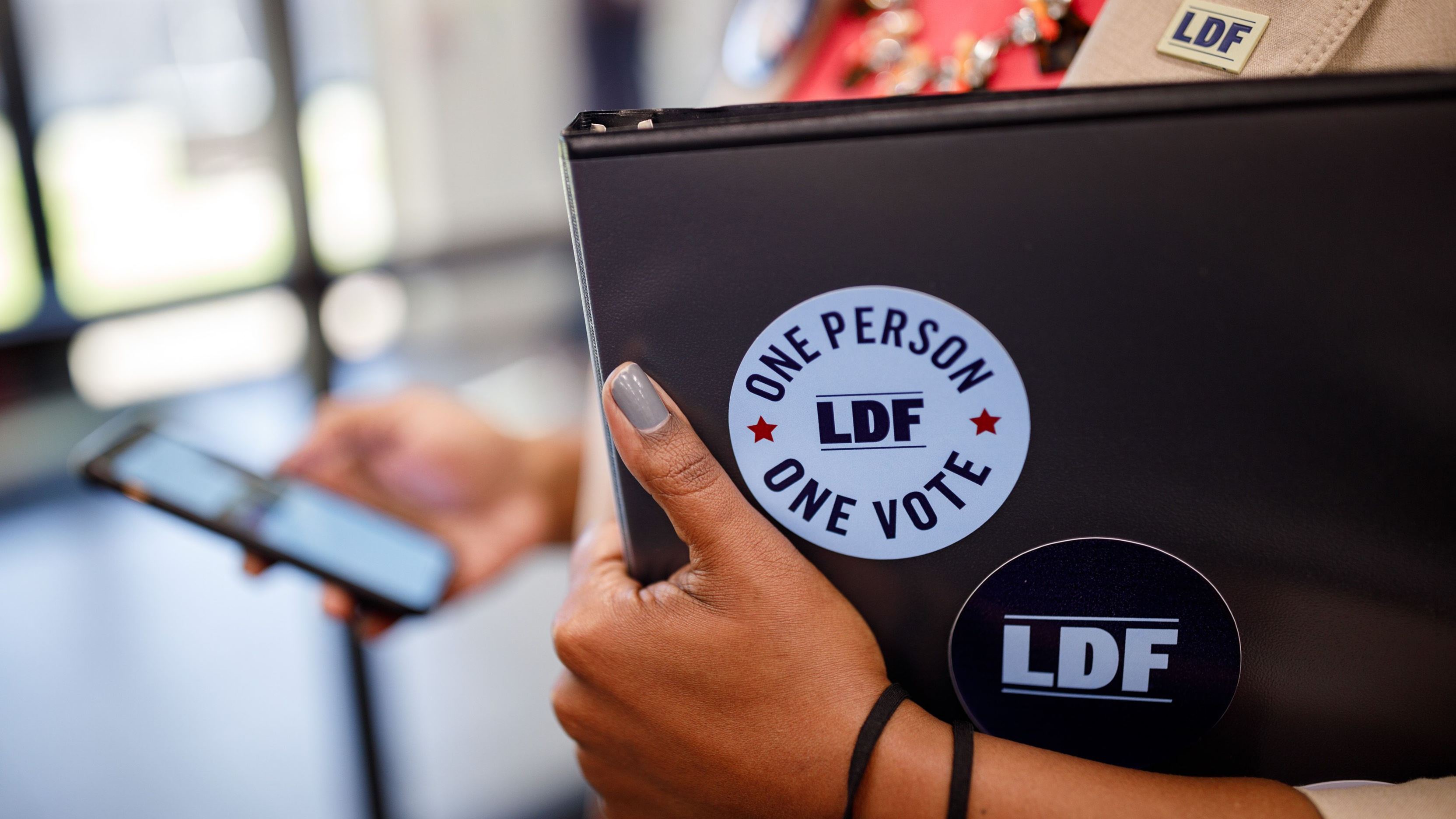 Woman holding a binder with stickers on it that read, "One person, one vote" and "LDF"