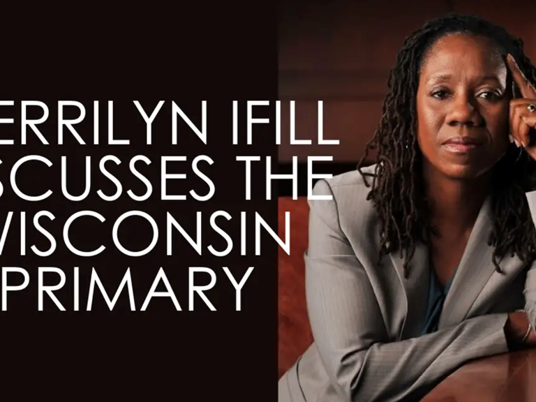 Sherrilyn Ifill with text, "Sherrilyn Ifill Discusses the Wisconsin Primary"