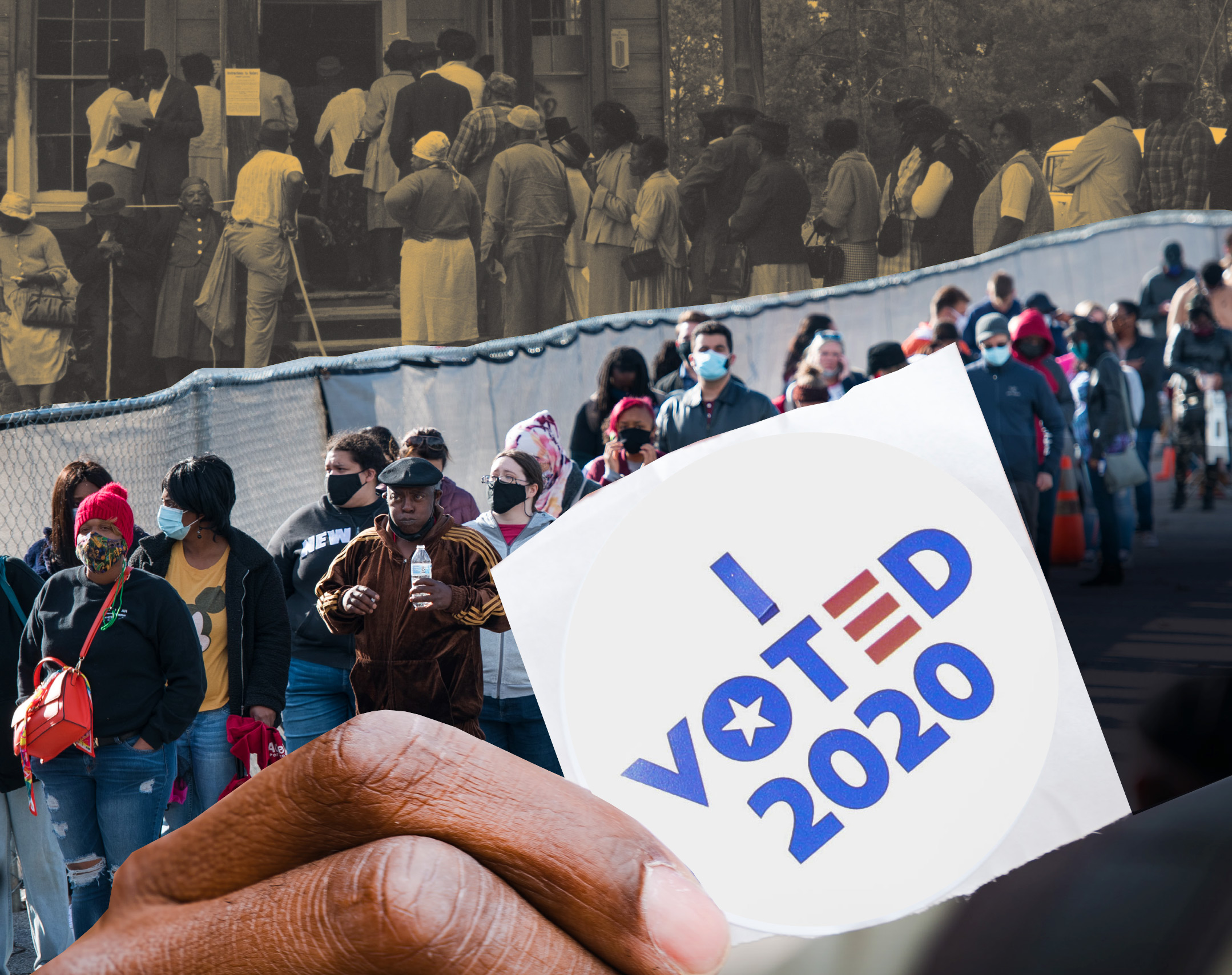 Collage juxtaposing historical lines to vote with modern-day voters