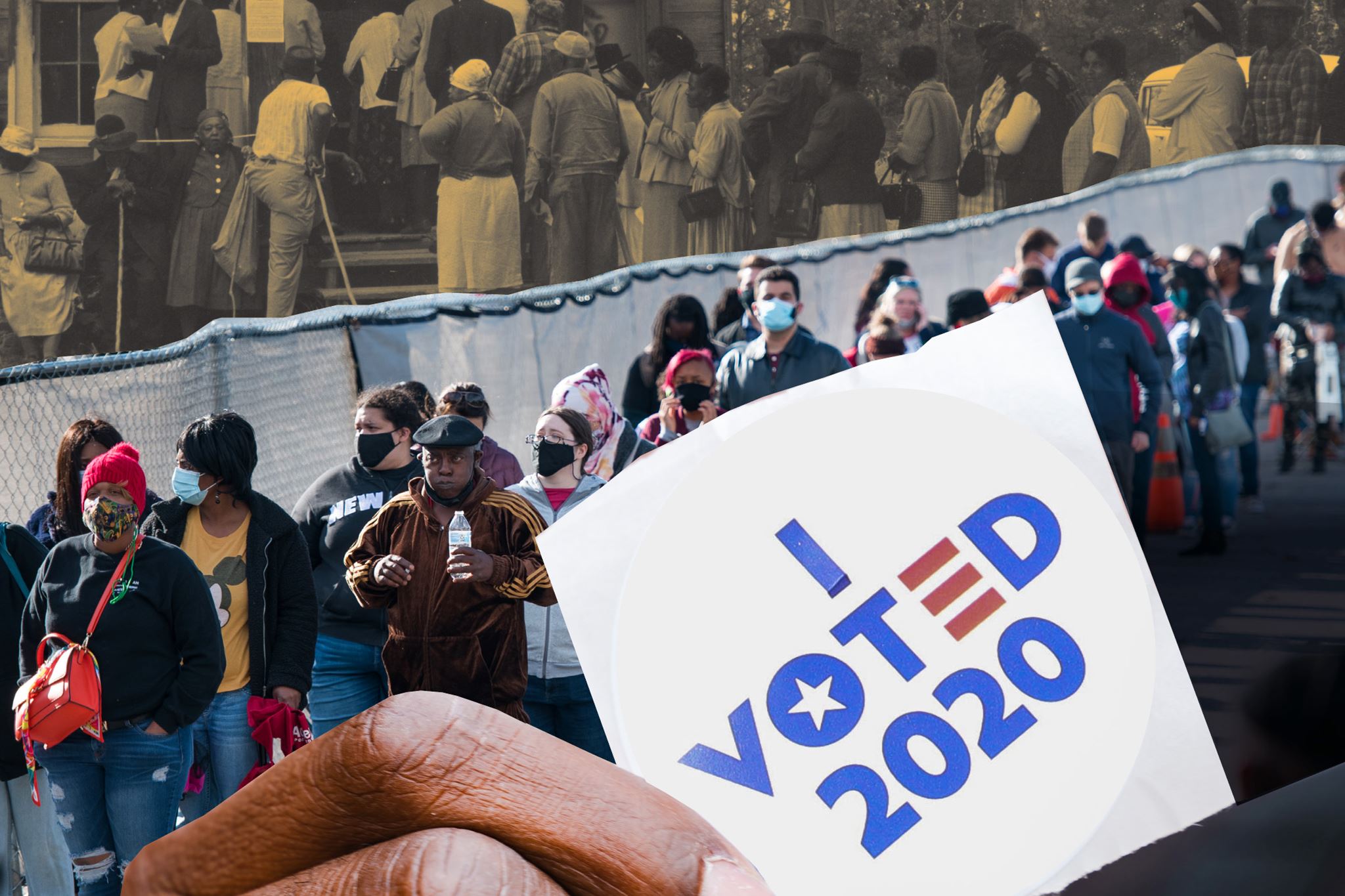 Collage juxtaposing historical lines to vote with modern-day voters