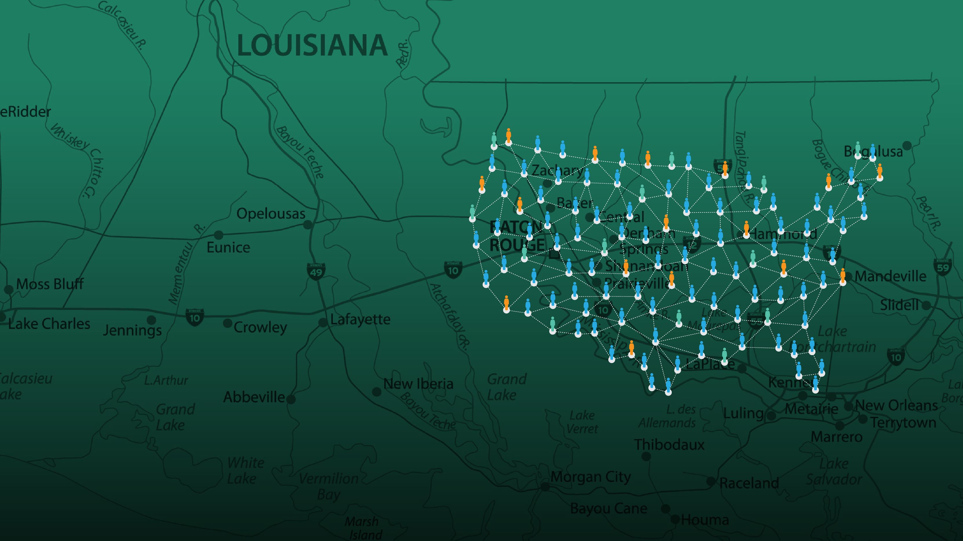 Road map of Louisiana, with a graphic overlay of networked people